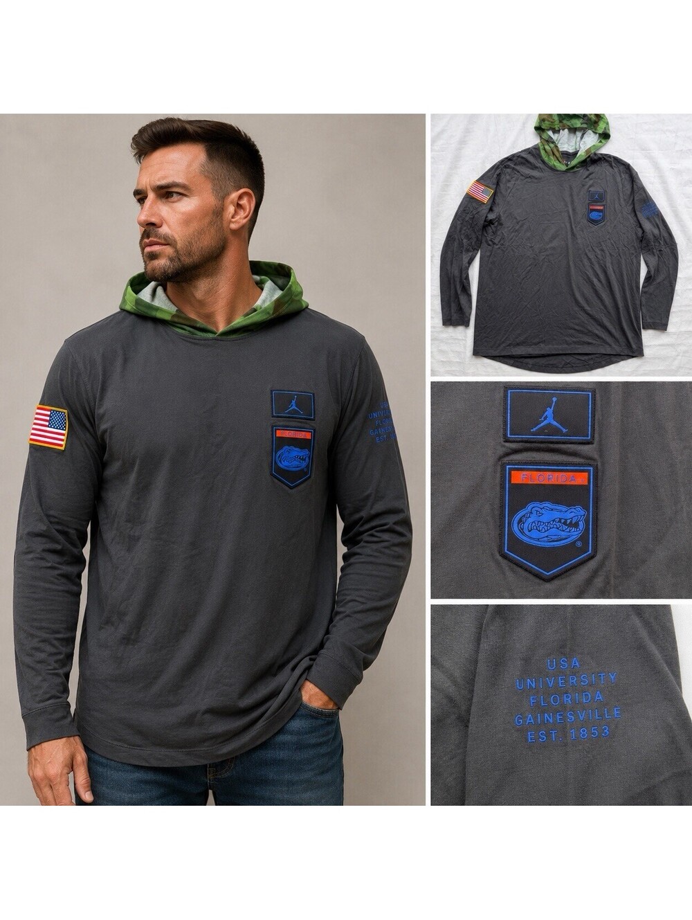 Nike Jordan Florida Gators Hoodie Mens XXL Camo Hood USA Flag Long Sleeve Salute